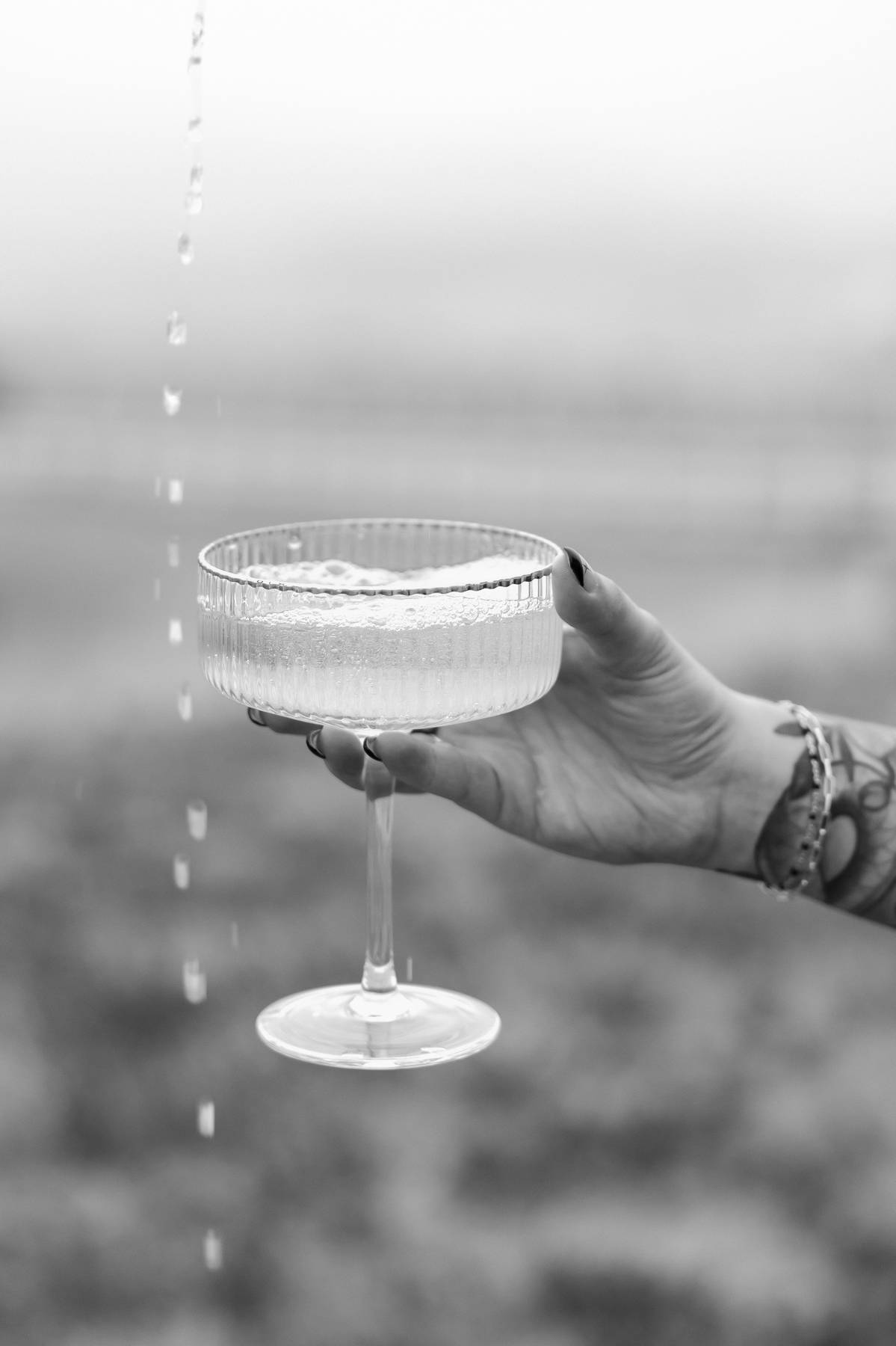 Black and white close-up of a cocktail being poured into a coupe glass$